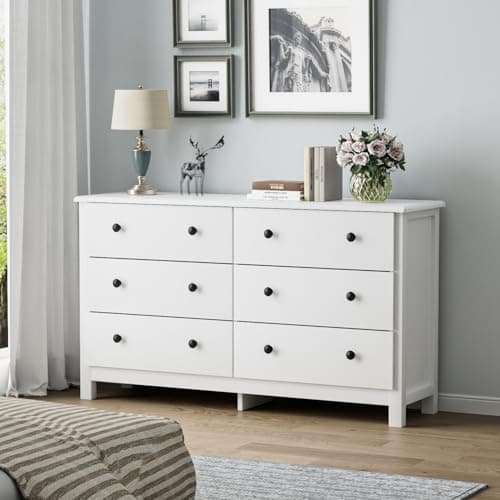 HOUROM White Dresser, Modern 6 Drawer Double Dresser for Bedroom with Black Knobs, Adults & Kids Wide Dressers & Chests of Drawers for Hallway, Entryway 6