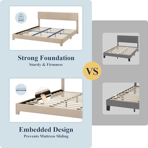 Allewie King Size Bed Frame with Adjustable Headboard, Upholstered Platform Bed with Wood Slats, Heavy Duty Mattress Foundation, No Box Spring Needed, Noise-Free, Easy Assembly, Beige 6