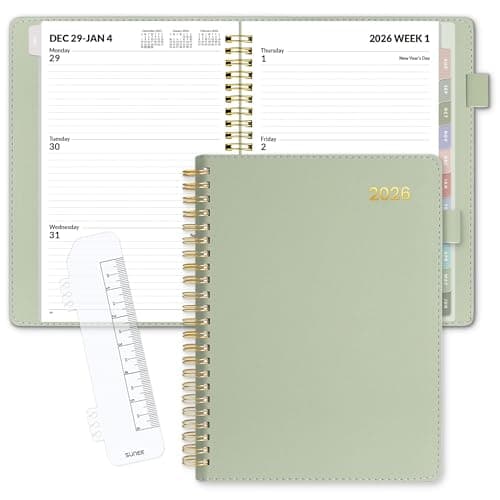SUNEE 2026 Weekly & Monthly Planner 6.4"x8.5"- 12 Month (January 2026 - December 2026), Vegan Leather Cover, Pocket, Bookmark, Notes, Monthly Tab, Sage Green