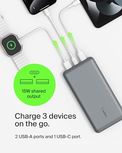 Belkin Portable Charger, USB C Power Bank 20000 mAh w/ 2 USB-A Ports, 15W w/A to C Cable - iPhone 17, Air, Pro, Pro Max, AirPods, Samsung Galaxy S25, iPad, Nintendo Switch 2, Google Pixel 10 - Gray 5