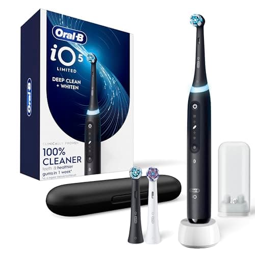 Oral-B iO Deep Clean + Whiten Rechargeable Electric Toothbrush with Visible Pressure Sensor, 2 Minute Timer, 5 Cleaning Settings, 1 iO5 Limited, 3 Toothbrush Heads, Travel Case & Refill Holder, Black