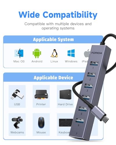 FORIDA USB C Hub-8 Port USB HUB with 7 USB3.0 Data Ports,Aluminum Alloy USBC Splitter with Type C 5V/3A Power Port Compatible with MacBook, iPad, Surface Pro, XPS, Laptop,PC (Gray,USB C-9.8in) 8