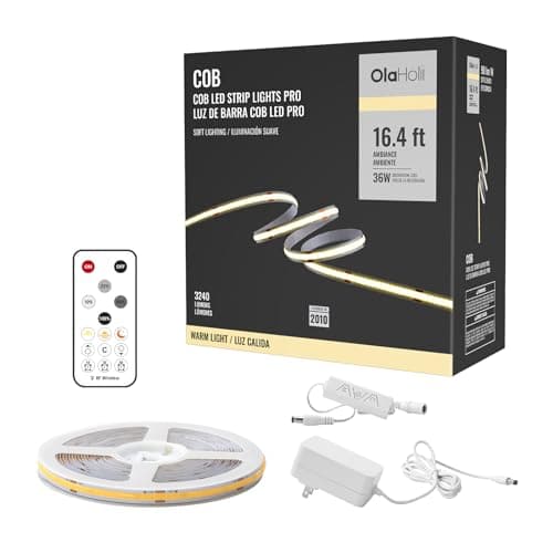 Olaholii 16.4ft COB LED Strip Light with Remote, 3000K Ra93+ Dimmable Bright Warm White Led COB Strip Light, White Continuous Led Strip Light for Mirror, Stair, Cabinet, Room