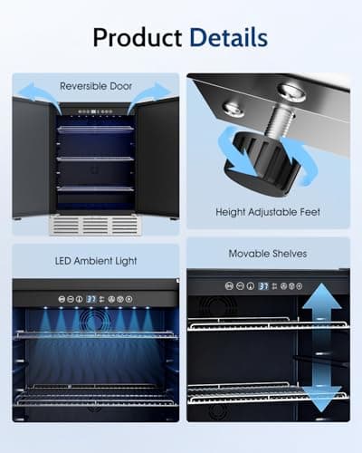 Feelfunn 24 inch Beverage Refrigerator - 180 Cans Under Counter Beverage Fridge with Glass Door & Safety Lock for Beer Wine Soda, Built-in or Freestanding Drink Fridge for Home Office Kitchen or Bar 7