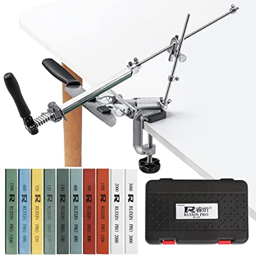 RUIXIN PRO RX-009 Professional Knife Sharpener with 10 Whetstones, 360° Rotation Flip Design Fixed-Angle Aluminum Alloy Kitchen Chef Knife Sharpening Kit Abrasive Holding System Tools
