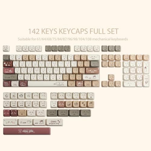 TYRIXKI PBT Keycaps 142 Keys Cute Keycaps Dye-Sublimation Coffee Cat Keycap Mao Profile Custom Keycap for Cherry Gateron MX Swithes Mechanical Gaming Keyboards 6