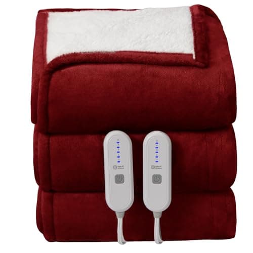 FVERWAG Queen Size Electric Blanket for Bed - 84" x 90" Dual Control Heated Blanket with 10 Hrs Auto Off, 5 Heating Levels, Over-Heat Protection, Washable Flannel Sherpa Heating Blankets, Red 9