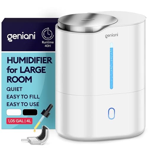 GENIANI Ultrasonic Cool Mist Humidifier for Bedroom, Large Rooms, Home, 4L - Easy Fill & Clean Humidifier for Plants w/Auto Shut-off, 40H Runtime - Quiet, Top Fill Air Humidifier