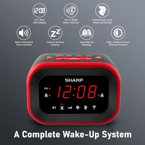 Sharp Big Bang Super Loud Alarm Clock for Heavy Sleepers, 115dB Extreme Wake-Up Alarm, Dual Alarms, 6 Wake Sounds, Large Red LED Display, Dimmer Control & Battery Backup, Bedroom Clock 5