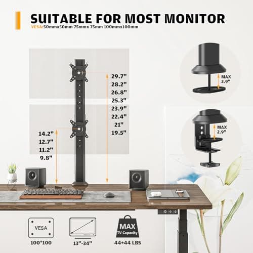 HEMUDU Dual Monitor Articulating Desk Mount Arm Stand - Vertical Stack Screen Supports Two 13 to 34 Inch Computer Monitors with C Clamp 6
