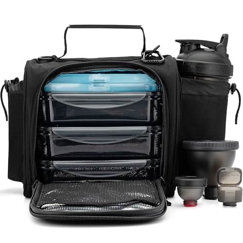 Hydra Cup Insulated Lunch Bag with Containers - Travel Meal Bag, Ice Packs, Shaker Bottle, Protein Funnels & Luggage Strap