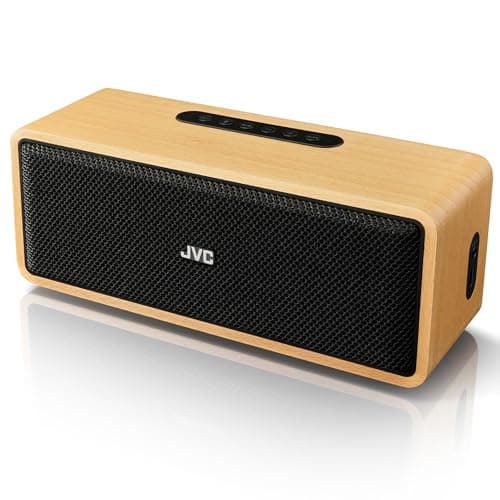 JVC Portable Wireless Bluetooth Stereo Speaker – Genuine Wood, Retro Style, Rich Sound, 12 Hr Battery, Palm-Sized, for Home, Office, or Outdoors, USB-C and Aux Input - SPWS2BT