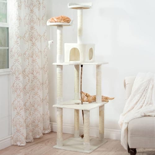 Cat Tree - 6-Foot Cat Tower for Indoor Cats with Napping Perches, Kitty Condo, 9 Cat Scratching Posts, 2 Hanging Toys, and Rope by PETMAKER (Ivory) 8