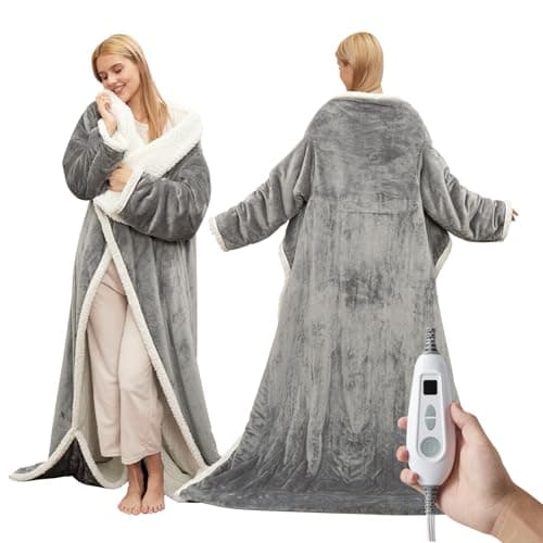 GarveeHome Wearable Heated Blanket with Foot Pocket & Sleeves, Electric Snuggle Throw Blankets, Flannel & Sherpa, 6 Heat Settings & 2–10 H Auto Shut-Off, 50"×70"+18", Light Grey