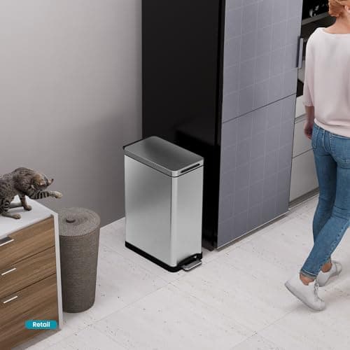 Home Zone Living 12 Gallon Slim Kitchen Trash Can with Soft Close Lid, Step Pedal, Bag Tuck Band, and Removable Liner, Stainless Steel, Silver 7