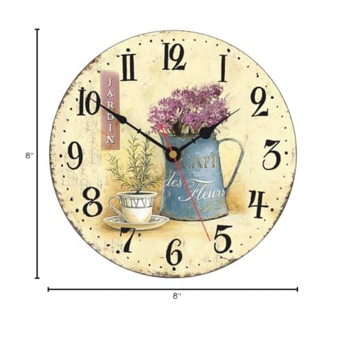 Toudorp 8 Inch Wall Clock Floral French Vintage Wooden Wall Clock Silent Non-Ticking Battery Operated Arabic Numerals Wall Clocks Decorative for Kitchen, Office, Classroom - Cafe and Flowers 8
