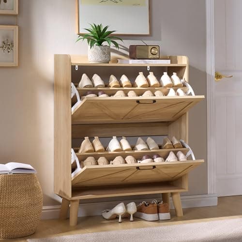 LEYAOYAO Shoe Storage Cabinet with 2 Flip Drawers，Narrow Shoe Storage Cabinet Organizer with Legs for Entryway Hallway, Living Room, Bedroom，Hidden Slim Storage Narrow Shoe Rack Cabinet,Natural 7