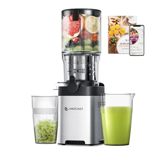 AMZCHEF Cold Press Juicer, Juicers Machines - 5.2" Masticating Juicer for Whole Fruits & Vegetables, Stainless Steel Easy to Clean, Large Auger, Triple Strainers, Silver