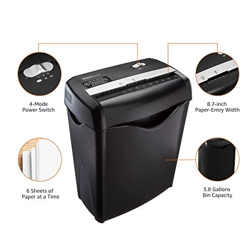 Amazon Basics 6-Sheet Cross-Cut Paper and Credit Card Shredder with 3.8 Gallon Bin, Shreds Staples, Black 8