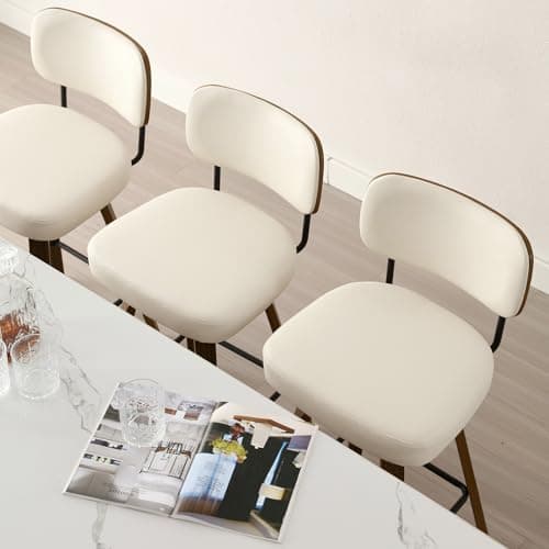 Bekrvio Swivel Counter Height Bar Stools Set of 4, 26" Upholstered Faux Leather Barstools with Back and Bent Wood Legs, Mid Century Modern Bar Chair Island Stool for Kitchen Counter, Cream White 8