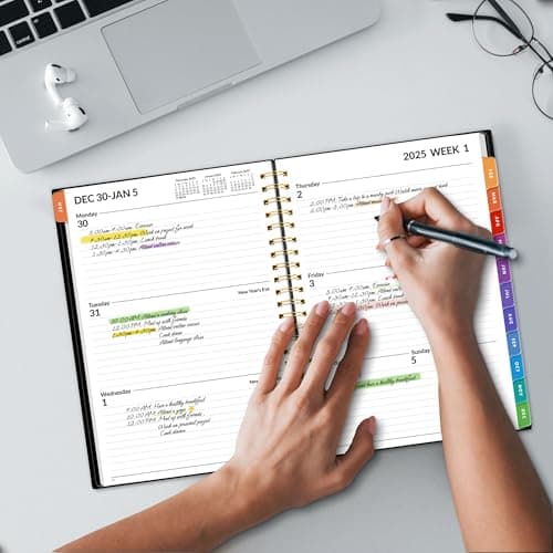 SUNEE 2025 Weekly and Monthly Planner - from January 2025 - December 2025, 6.4" x 8.3" Daily Agenda Planner with Monthly Tab, Flexible Cover, Note Pages, Pockets, Bookmark, Spiral Binding, Black 7