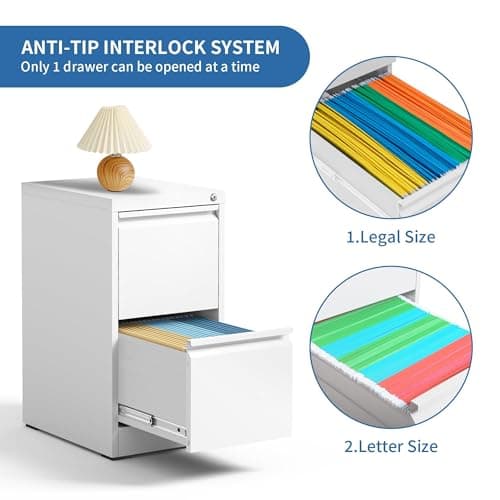 FLIXELIO 2 Drawer File Cabinet with Lock,Metal Vertical Filing Cabinets for Home Office,Heavy Duty File Storage Cabinet for Letter/Legal/A4/F4 Size File,Assembly Require (White, Vertical 2 Drawer) 6