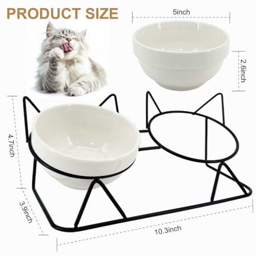 Elevated Tilted Cat Bowls for Indoor Cats，Raised Ceramic Cat Bowl Elevated 15°,Pet Feeding Bowls for Food and Water Anti Vomiting Bowl(Double Ceramics and Tilt Shelf) Suitable 5