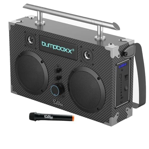 Bumpboxx Bluetooth Boombox Ultra Plus | Retro Boombox with Bluetooth Speaker | Includes Rechargeable Lithium Battery, Carrying Strap & Mic | Easy to Carry | Carbon Fiber