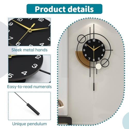 YIJIDECOR Large Wall Clock Decorative Pendulum Wall Clock Battery Operated Silent Quality Quartz Black Modern Clock for Living Room,Bedroom,Kitchen,Dining Room,Office,School,Home Decor,12.9x22.8inch 5