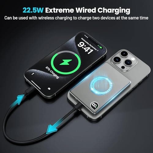 Zoklze Portable Charger Power Bank, 5000mAh Ultra Slim Battery Bank with USB-C Cable & Digital Display, 22.5W Fast Charging Magnetic Battery Pack for iPhone 16/15/14/13 Series, Samsung & Android(Gray) 5