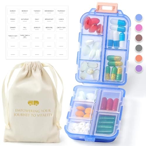 1 Pack Travel Pill Organizer w Labels & 1 Drawstring Pouch, Small 10 Compartments Pocket Pharmacy, Handy Pill Holder Box - Portable Daily Weekly Medicine Container Case - Blue