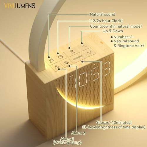 Vivilumens Sunrise Alarm Clock for Heavy Sleepers Adults, Wake-up Light, Sleep Aid 10 White Noise Sound Machines with 30/60/90 Timer, 3 Level Dimmable Touch Table Lamp with Snooze USB Charger Port 8