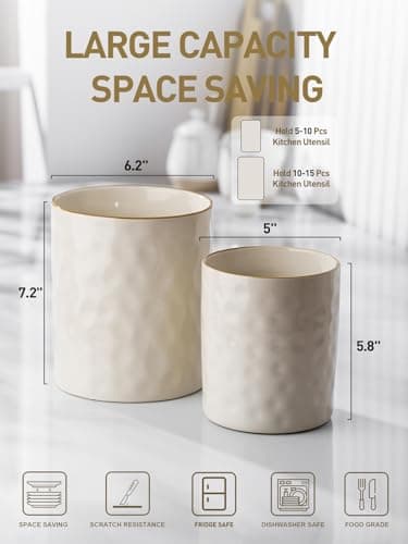 famiware Ocean Utensil Holder, 7.2"+5.8" Ceramic Kitchen Utensil Holder for Countertop, Cooking Utensil Crocks, Utensil Organizer for Spatula & Spoon, Kitchen Decor, Set of 2, Vanilla White 5