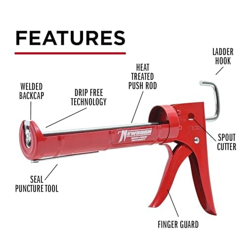 Newborn 189D Drip-Free Super Ratchet Rod Cradle Caulking Gun, 1/10 Gallon Cartridge, 6:1 Thrust Ratio, Red 5