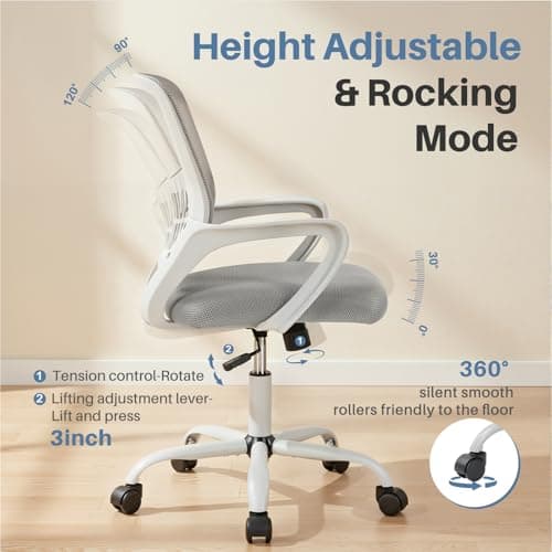 DUMOS Home Office Computer Chair - Ergonomic Mid Back Desk with Lumbar Support and Rocking Mode, Height Adjustable with Fixed Armrest, for Conference Meeting Room, 360° Swivel, Adults, Grey 6
