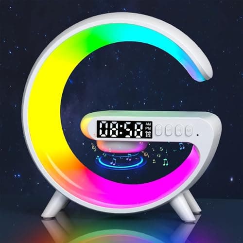 Bluetooth Speaker Wireless Phone Charger Station, G Shaped Music Lit Lamp, Colorful Atmosphere Light Wireless Charging And Alarm Clock, RGB Night Light for Bedroom, Office, Home Decor (Multi Colored)