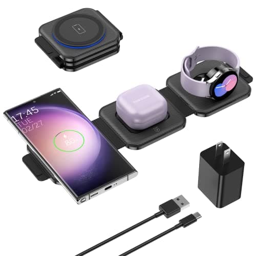 Travel Charger for Samsung Multi Devices, Foldable 3 in 1 Wireless Charging Station Fast Charging Stand/Pad Compatible for Samsung Galaxy S25/S24/S23/Note20 GalaxyWatch8/7/6 Galaxy Buds4