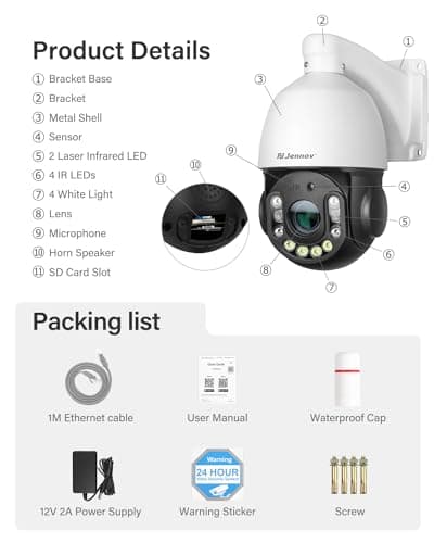 Jennov 6MP POE Outdoor Camera, PTZ IP Dome Surveillance Camera with 20X Optical Zoom, 355° Pan & 90° Tilt, Human Vehicle Detection, Auto Tracking, Spotlights Color Night Vision, Two Way Audio 8