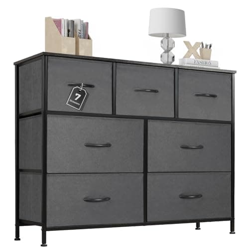 Dresser for Bedroom with 7 Drawers, Anti-Tip Wide Fabric Chests Storage Organizer Tower Furniture, TV Stand for TV up to 45 inch with Wooden Top Metal Frame for Clothes, Living Room, Hallway, Entryway