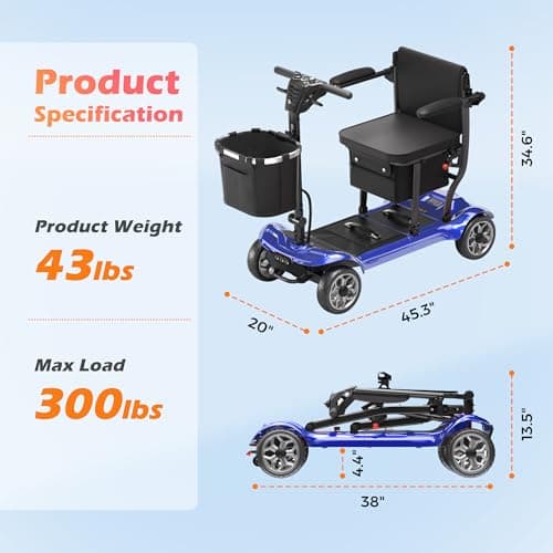 Lightweight Mobility Scooter for Adults & Seniors - Cruise & Airport Approved, 43lb Foldable Portable Motorized Scooters with Removable Lithium Battery for 12.4 Miles Travel, 300lb Capacity, Blue 5