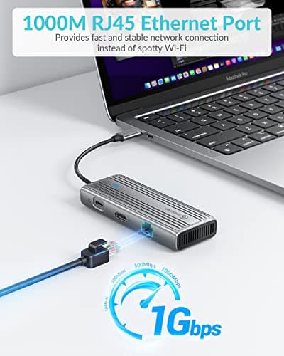 PHIXERO 8-in-1 USB C Adapter with 3 USB 3.0 5Gbps Ports, 1Gbps Ethernet, 4K@60Hz Docking Station,100W PD, SD/TF Reader, for MacBook Pro/Air, Laptops, Surface and More(Gray) 5