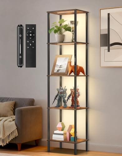 OUTONLIFE 5 Tier Tall Display Shelves with LED Lights, Touch & Remote Control, Dimmable Display Cabinet, Open Bookshelf with 3 Color Temperature, Timer for Living Room, Bedroom, Home Decor