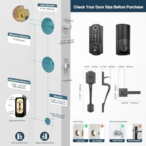 Smart Lock Front Door, SMONET Keyless Entry Door Lock with Handle, Smart Front Door Lock Set Fingerprint Smart Deadbolt Bluetooth Electronic Digital Keypad Lock, Auto Lock Work with Alexa, Black 7