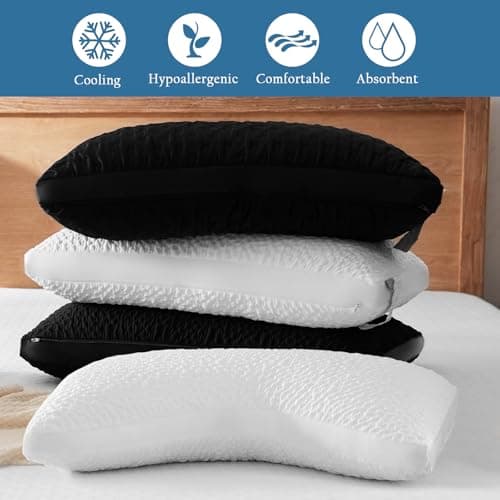Luxe Linen Black Pillow for Side and Back Sleepers Curved Cooling Pillow for Neck and Shoulder Pain Relief – Adjustable Memory Foam Pillow with Washable Cover Queen Size 7
