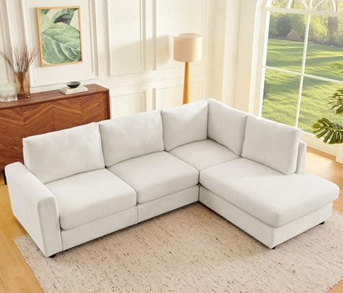 Elevyoliv 100” L-Shaped Couch with Reversible Chaise, Chenille Modular Sectional Sofa, 4-Seater Corner Couch for Living Room, Apartment, Beige
