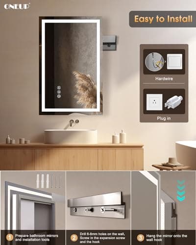 oneup 16x24''Small Bathroom Mirror with Lights,Front Lighted Bathroom Mirror for Wall,Stepless Dimmable,Anti-Fog,Modern LED Vanity Mirror,Memory,Touch Botton 7