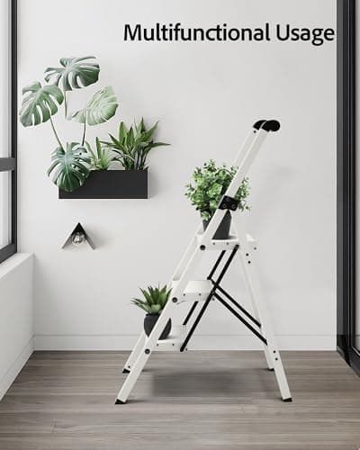Taranta 3 Step Ladder, Lightweight Aluminum Step Stool with Convenient Handgrip, Folding Ladder with Anti-Slip Pedals, 330lbs Capacity Stepladder for Home, Office, Kitchen - White 8
