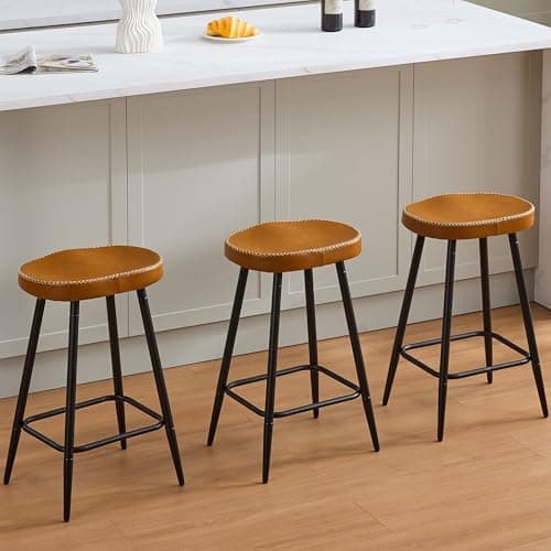FIRAVOE Counter Stools Set of 3, Modern 24 inch Counter Height Stools, Faux Leather Backless Barstools for Kitchen Island (Whiskey Brown, 3 PCS 24'' Height)