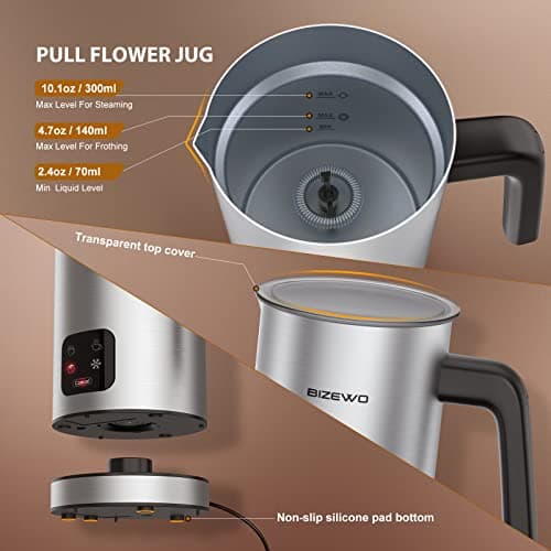 BIZEWO Milk Frother Electric, Warm and Cold Milk Steamer, 4 IN 1 Automatic Milk Warmer Stainless Steel with Touch Screen for Coffee, Latte, Macchiato, Cappuccino, Hot Chocolate 5