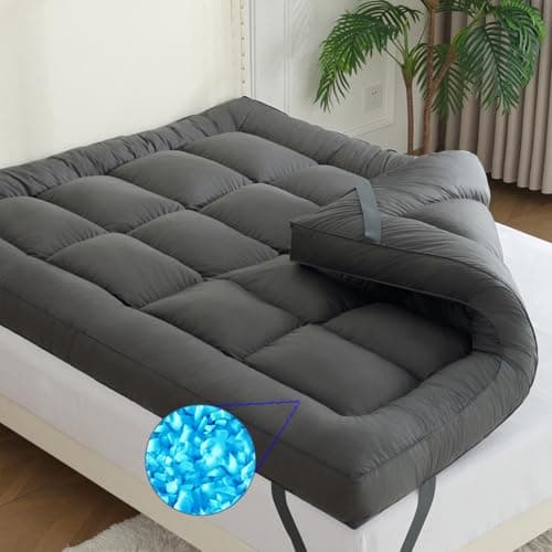 WhatsBedding 5 Inch Memory Foam Mattress Topper Queen Size, Filled with Shredded Foam and Goose Feather, 100% Cotton Cover Feather Bed Topper,Comfy 4 Layers Design, CertiPUR-US Certified, Grey, 60x80